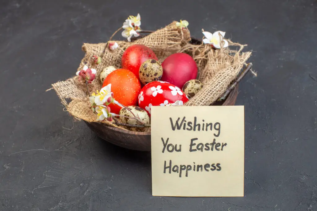happy easter wishes with basket of decorated eggs