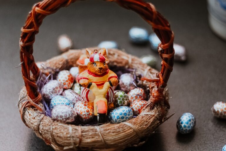 easter basket with chocolate and rabbit