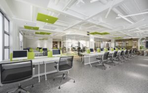 office with rows of desks and chairs with green dividers