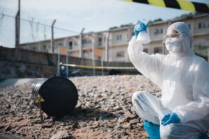 ecologist taking samples of toxix chemicals