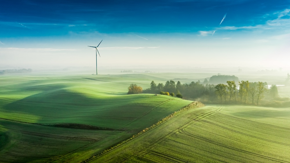wind turbines on hilly land with a blue sky