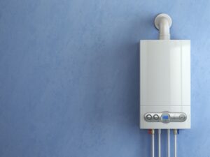 tankless water heater on the wall of a bathroom