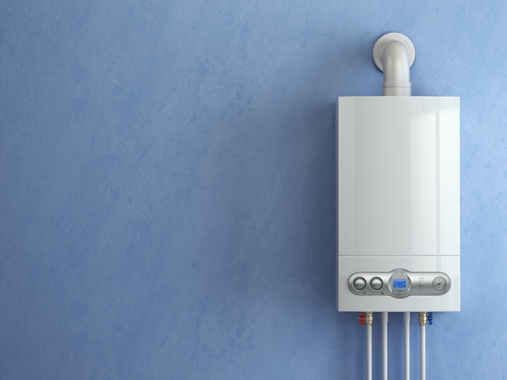 tankless water heater on the wall of a bathroom
