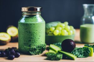 healthy green smoothie on a table with kale and greens