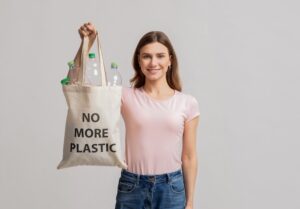 young woman with a sign that says no plastic
