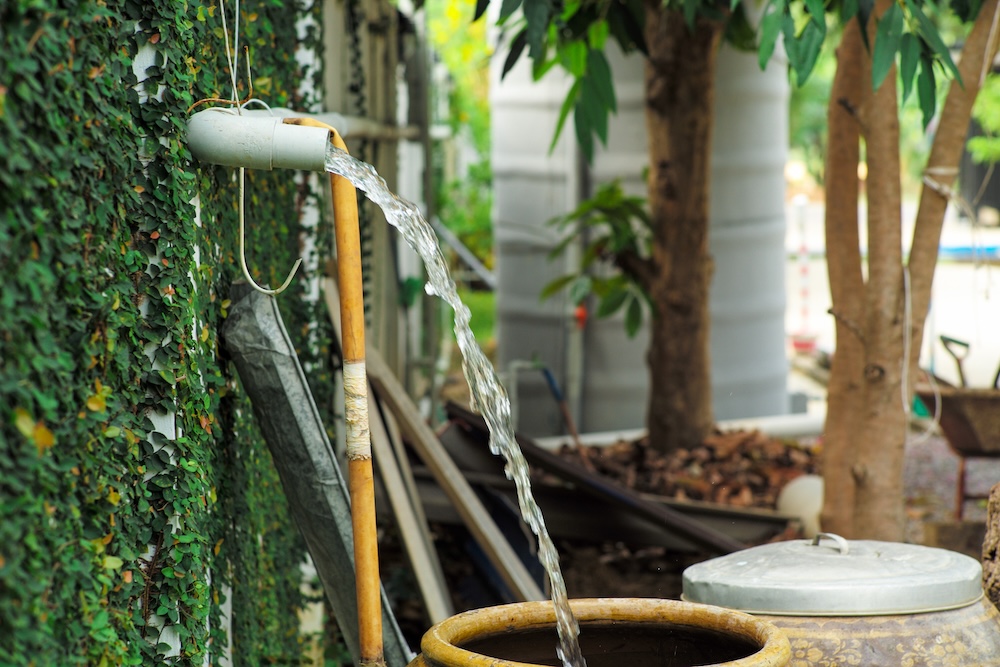 greywater draining out of a pipe into a pot