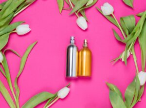 synthetic Fragrances bottles on a pink background
