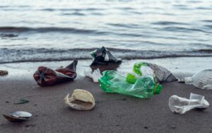 plastics and other garbage laying on the beach near shoreline