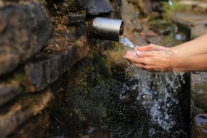person catching water in hands from natural water power