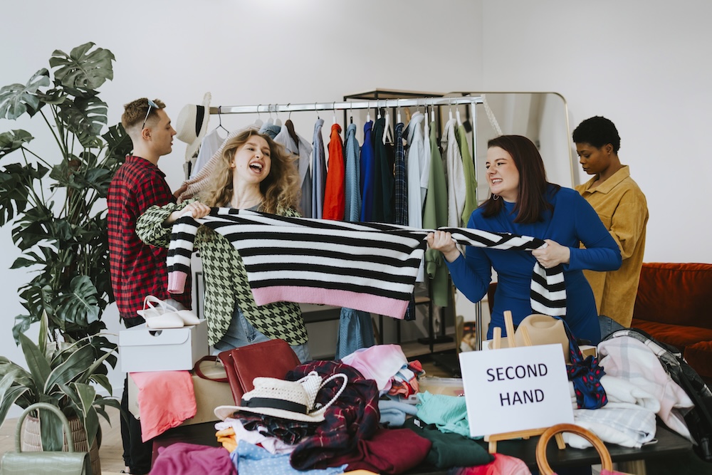 people shopping in a thrift store and two women pulling on second hand sweater