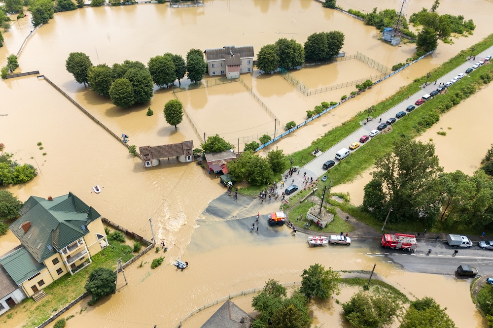 aerial view of homes flooded after a storm