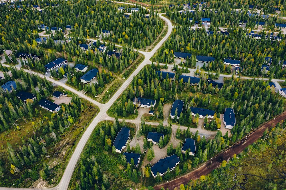 aerial view of houses in a residential area