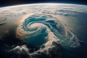 aerial view of typhoon swirling with clouds