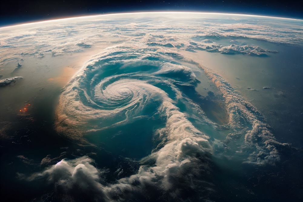 aerial view of typhoon swirling with clouds