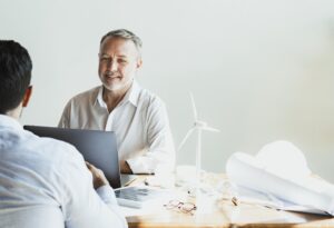 Eco-friendly business man discussing renewable energy