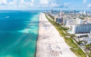 aerial view of the coast, south beach in miami