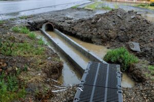 overflowing drainage flooded from rainwater