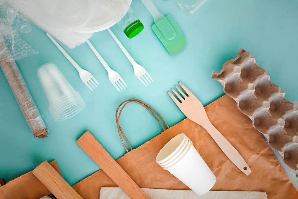 plastic items vs sustainable products on a table