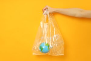 Earth globe inside a clear plastic bag