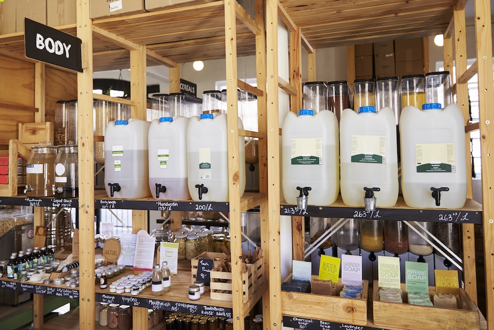 Body and beauty products in a zero waste store available for refill