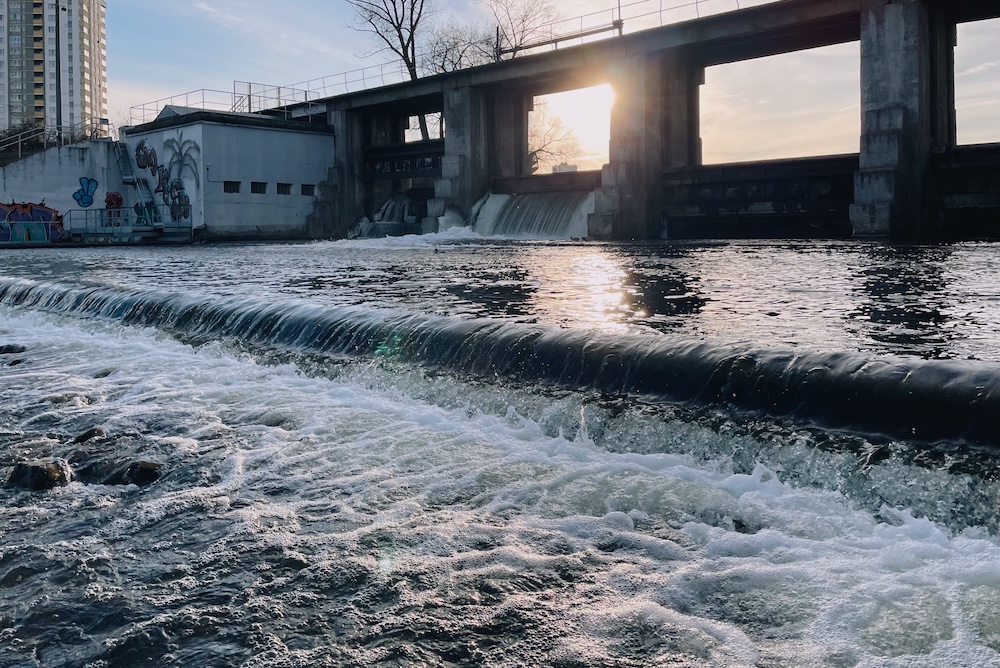Hydroelectric water station with rushing river water