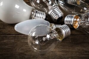 Different types of lightbulbs on a table