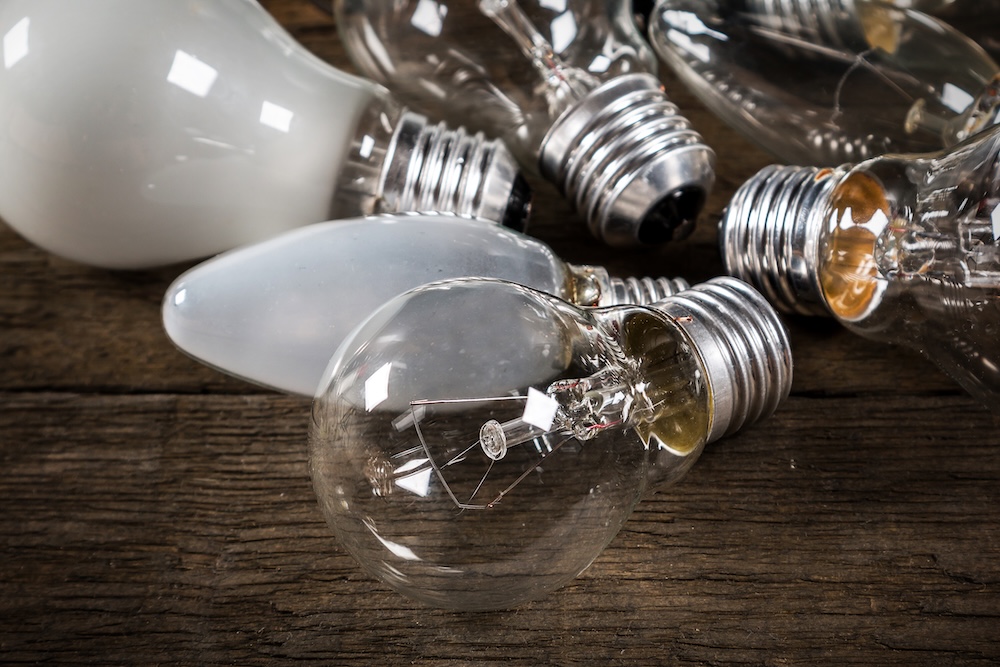 Different types of lightbulbs on a table