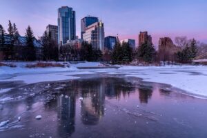 Snowy riverside by a skyline