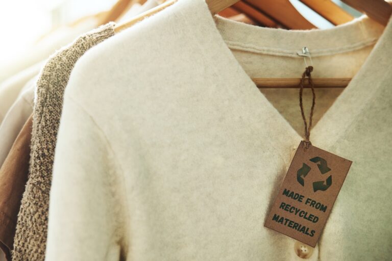 Clothes made with sustainable materials hanging in a closet